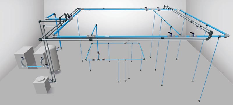 Red de aire comprimido industrial en acero galvanizado y aluminio